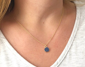 Blue Druzy Necklace, Navy Druzy Pendant, Natural Crystal Necklace, Blue Layering Necklace, Minimalist Gift for her, Dainty Gift for women