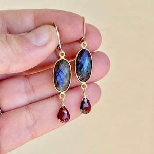 Garnet and Blue Labradorite Earrings, January Birthstone, Red and Blue Dangle Earrings, Garnet Jewelry, Long Gemstone Drops, Gift for her
