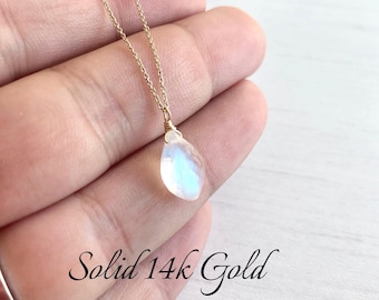 Rainbow Moonstone Necklace, June Birthstone, Real Solid 14k White Moonstone Teardrop Pendant, Minimalist Summer Necklace, Holiday Gift Mom