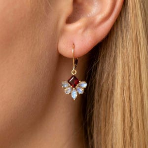 Labradorite and Garnet Earrings, Red and Blue Flower Earrings in Gold or Silver, January Birthstone, Floral Gemstone Jewelry, Gift for her