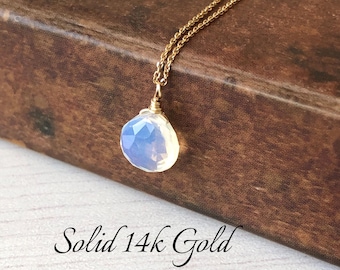 Opal Necklace, October Birthstone, White Opal Teardrop Pendant, Solid 14k Gold, Real Gold Jewelry, Minimal Mother's Day Gift, Gift for her