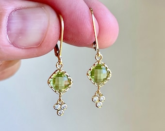 Peridot Earrings, August Birthstone, Diamond Shape Lime Green Earrings, Small Dangle Drops Gold or Silver, Summer Earrings, Gift for women