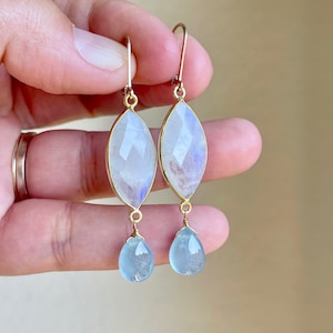 Rainbow Moonstone and Aquamarine Earrings, Moonstone Marquise Statement Earrings in Gold, Summer Earrings, June Birthstone Gift for women