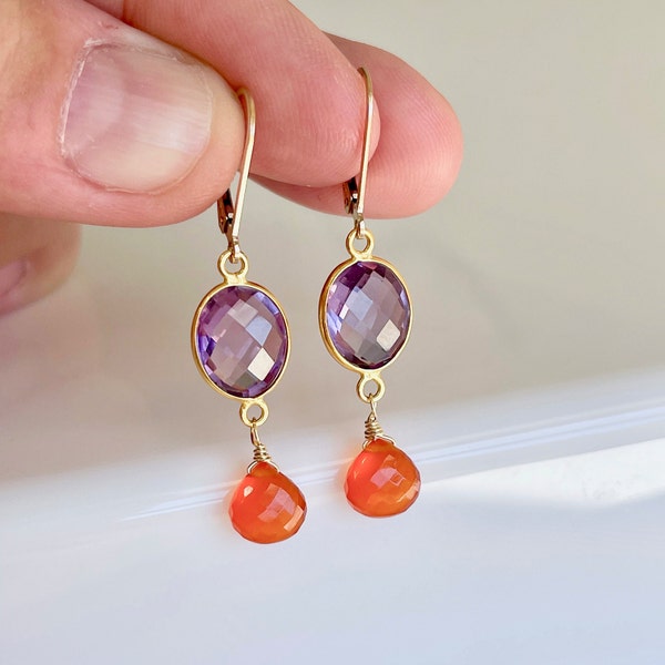 Carnelian and Amethyst Statement Earrings, Orange and Purple Elongated Earrings in Gold, Coral and Violet Gemstone Drop , Boho Gift for her