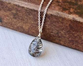 Rutilated Quartz Necklace, Tourmalinated Quartz Drop Pendant, Minimalist Jewelry, Teardrop Layering Drop Gold or Silver, Black Tourmaline