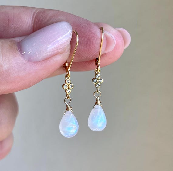 Rainbow Moonstone Bar Drop Earrings with Blue Topaz Gold-plated Sterling Silver Rainbow Moonstone Bar Drop Earrings with Blue Topaz Gold-plated Sterling Silver