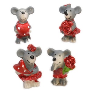 Miniature Glittery Valentine Mice Set Of 4 | Hand Painted | Mouse Miniature Figurine | Fairy Garden Decor- 205-5334