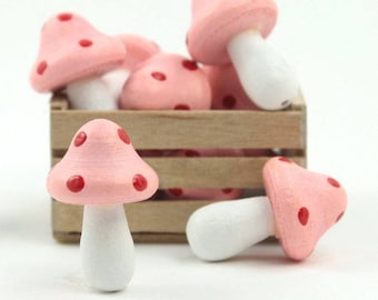 Pink Mushrooms Hand Crafted Set Of 6 | Wooden Mushrooms With Red Dots | Craft Project | Fairy Garden Decor - 218-0127
