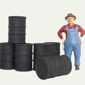 Flache Schwarze Industrielle Fässer 6er Set | Ölfässer Miniaturfässer für Diorama | Vintage Ölfass Miniatur - 101-0609