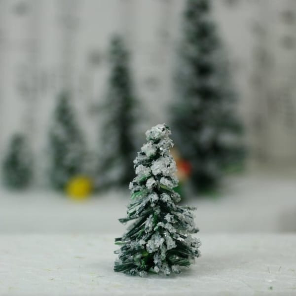 Snowy Evergreen Tree - 1" - Set of 10 miniature doll house tree miniature tree fairy garden diorama mini trees tree set - 218-0401