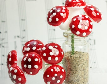 Colorful Mushrooms Red Set of 10 | Large Spun Cotton Mushrooms Miniature | Craft Project | Terrarium Miniature  703-1800