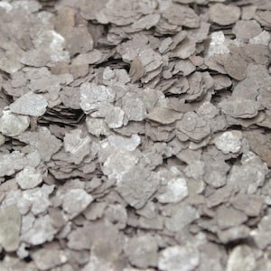 May include: A close-up of a pile of mica flakes. The flakes are a silvery gray color and have a slightly iridescent sheen.