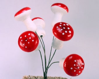 Large 1" Red Mushrooms German Miniature 1" | Red Spun Cotton Mushrooms - (25mm) 6 Pcs -  Floral Project - 218-0169