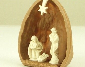 Miniature Nativity in Walnut Shell | German Import Nativity Scene Ornament | Miniature Christmas Tree Decor - 203-3-137