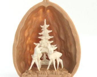 Walnut Shell Deer Ornament | Forest Scene | Miniature Animals | Walnut Shell with Two Deer 1 1/2" Tall -203-3-137-C