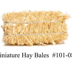 May include: A miniature hay bale wrapped in wire, with the text "Miniature Hay Bales #101-0802" below.