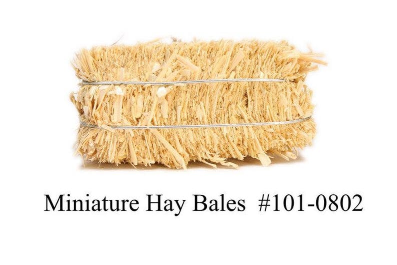 May include: A miniature hay bale wrapped in wire, with the text "Miniature Hay Bales #101-0802" below.