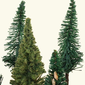 May include: A set of four artificial green pine trees of varying sizes. The trees are made of a soft, brush-like material and are perfect for adding a touch of greenery to any space.