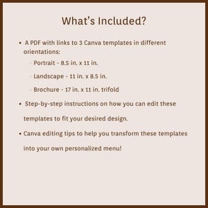 May include: A tan graphic with the text "What's Included?" lists a PDF with links to 3 Canva templates in different orientations: Portrait (8.5 in x 11 in), Landscape (11 in x 8.5 in), and Brochure (17 in x 11 in).