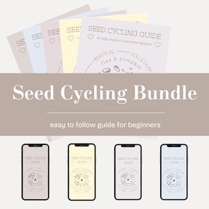 以下が含まれることがあります： ホルモンバランスをサポートする食事療法であるシードサイクリングのためのデジタル製品バンドル。このバンドルには、それぞれ異なるカラーリングとシードのグラフィックが施された4つのガイドが含まれています。ガイドのテキストには、「シードサイクリングガイド」と「ホルモンバランスをサポートするために」と記載されています。一番上のガイドのテキストには、「月経期 - 亜麻仁とカボチャ - 卵胞期」と記載されています。ガイドの下のテキストには、「シードサイクリングバンドル」と「初心者向けの簡単なガイド」と記載されています。