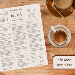 Könnte beinhalten: Café-Menüvorlage mit einer Kaffeetasse, einem Löffel und einer Speisekarte mit Speisen und Getränken. Die Speisekarte umfasst Vorspeisen, Shareables, Desserts und Getränke. Der Text "Sarah's Cafe" steht oben.