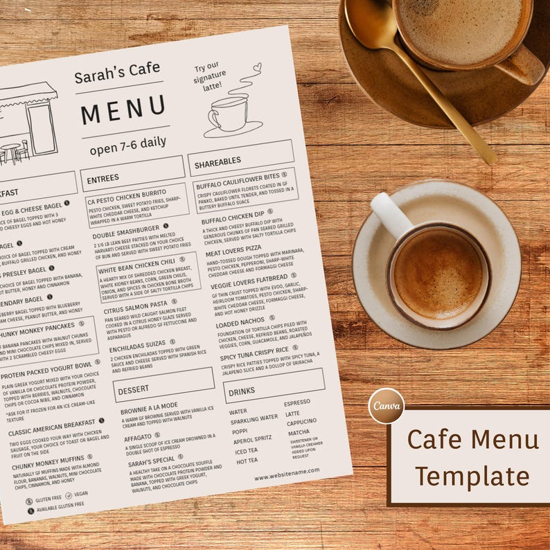 May include: Cafe menu template with a cup of coffee on a saucer, a spoon, and a menu with food and drink options. The menu includes entrees, shareables, desserts, and drinks. The text "Sarah's Cafe" is at the top.