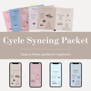 May include: A collection of illustrated cards and phone screens with the text "Cycle Syncing Packet" and "Easy to follow guides for beginners." The cards and screens display information about menstrual cycles, including exercise and food recommendations.