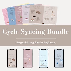 Può includere: Un'illustrazione digitale di un pacchetto di sincronizzazione del ciclo con quattro diverse fasi del ciclo mestruale: mestruazioni, follicolare, ovulazione e luteale. Ogni fase ha un'immagine, un testo e consigli alimentari ed esercizi corrispondenti.