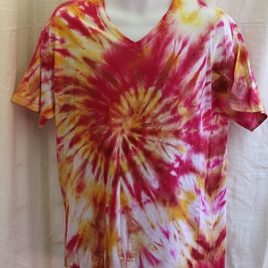 Tie Dye Shirt - Adult Large  - Short Sleeve - V-Neck-  Pink, Yellow, and Orange - 100% cotton