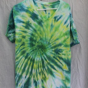 Tie Dye Shirt - Large Adult - V-Neck - Short Sleeve - Dark Blue, Yellow and Green  - 100% Cotton