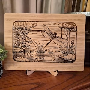 Custom Cutting Board with Dragonfly on a Pond. Personalized Cutting Board. Nostalgic Gift for  Birthday, Anniversary or Housewarming.
