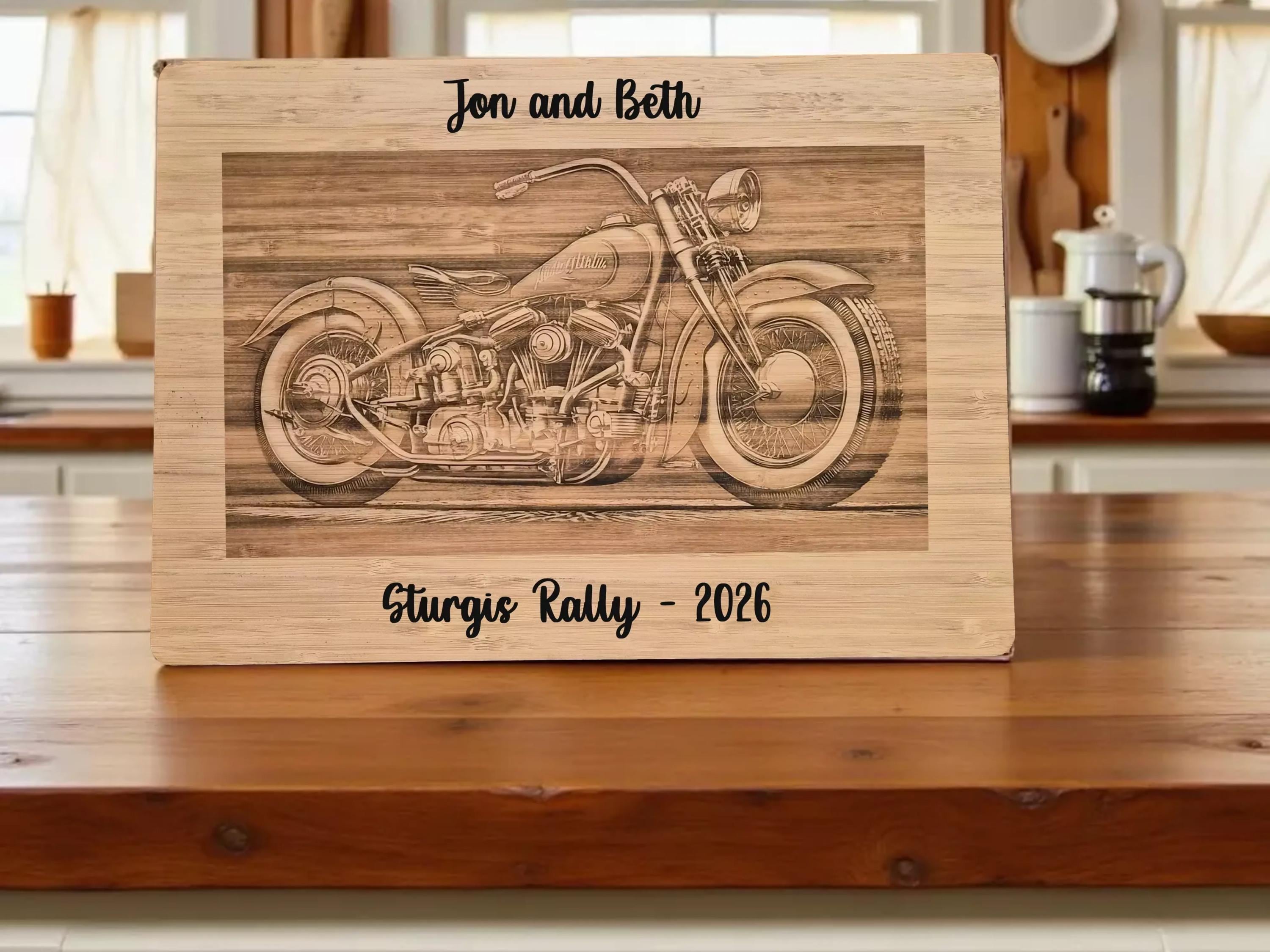 Custom Engraved Motorcycle Bamboo Cutting Board: Sturgis Rally Biker Gift
