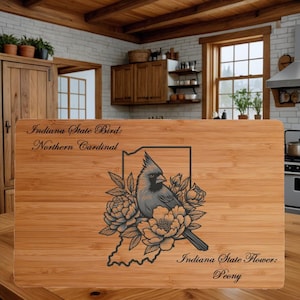 Custom Cutting Board with Indiana State Bird and State Flower. Retirement Gift, Birthday, Anniversary or Housewarming Gift.