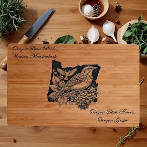 Personalized Cutting Board with Oregon State Bird and State Flower. Retirement Gift, Birthday, Anniversary or Housewarming Gift.