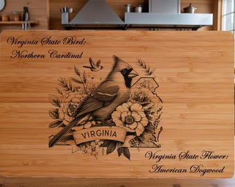 Virginia State Bird and Flower Bamboo Cutting Board: Northern Cardinal, American Dogwood