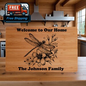 Custom Cutting Board with Dragonfly and  Flowers. Personalized Cutting Board. Perfect Birthday, Anniversary or Housewarming Gift.