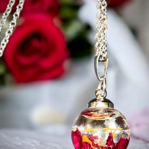 May include: Silver chain necklace with a clear, round pendant. The pendant is filled with red and yellow flower petals and gold flakes. The background features a blurred image of red roses.