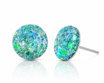 Enchanted Forest Sparkle Studs – Green Glitter Witch Earrings, Fairycore Resin Jewelry Handmade Rainbow Iridescent Holographic