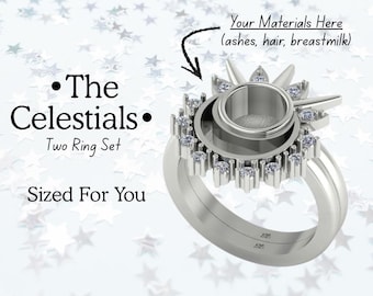 Custom Memorial Two Ring Set Sterling Silver CZ – Celestial Keepsake Jewelry with Hair, Ashes or Breastmilk –  Remembrance sized
