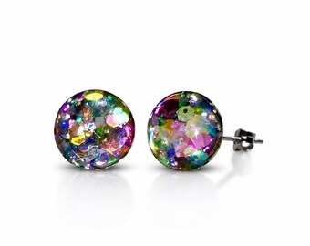 Fairycore Glitter Stud Earrings, Purple Green Resin Studs, Witchy Jewelry, Iridescent Celestial Earrings, Gift for Her