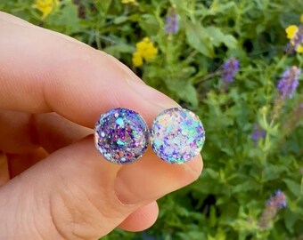 Starlit Realm Stud Earrings – Iridescent Glitter Witch Earrings, Fairycore Moon Magic Jewelry Handmade Holographic Post Earring