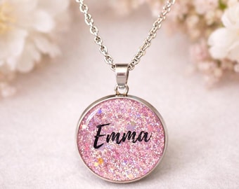 Custom Name Necklace, Personalized Glitter Pendant Necklace, Custom Jewelry Gift for Her, Handmade Name Necklace, Pink Glitter NecklAce