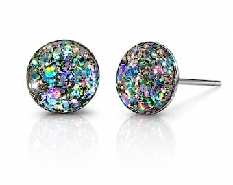 Holographic Glitter Stud Earrings, Fairycore Resin Earrings, Silver Iridescent Fae Jewelry, Gift for Women