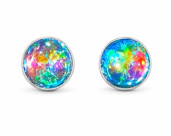 Fire Opal Earrings • Iridescent Opalite Studs • Fairycore Rainbow Glitter Earrings • Lightweight Witchy Jewelry Gift