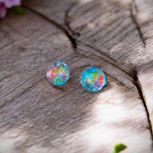 Mystic Iridescent Holographic  Faerie Fire Opal Stud Earrings – Witchy Rainbow Glitter Earrings, Ethereal Fairycore Jewelry