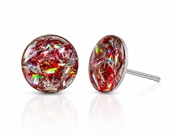 Autumn’s Fire Glitter Stud Earrings – Holographic Red Orange Jewelry, Fall Witchy Aesthetic, Handmade Sparkle Earrings, Fairycore Gift