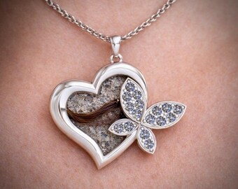 Butterfly Heart Memorial Necklace – Sterling Silver CZ | Ashes, Breastmilk or Hair Keepsake