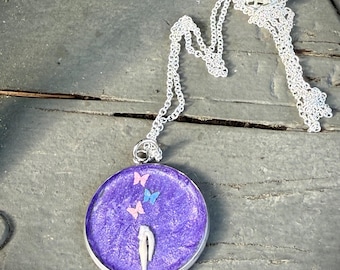 Real Animal Tooth Pendant Necklace | Purple Resin Butterfly Charm | Oddities & Curiosities Jewelry | Gothic Witchcore Necklace