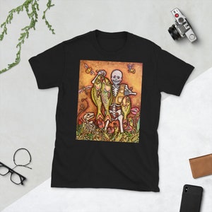 Fortune at Fishing Dia de los Muertos Skeleton Fisherman T-shirt uniseks T-shirt met korte mouwen