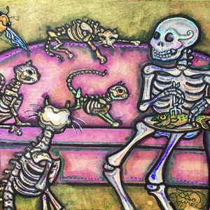 Fair Weather Friends - CATs Skeleton Dia de los Muertos Art print by Lisa Luree- Bonediva cat